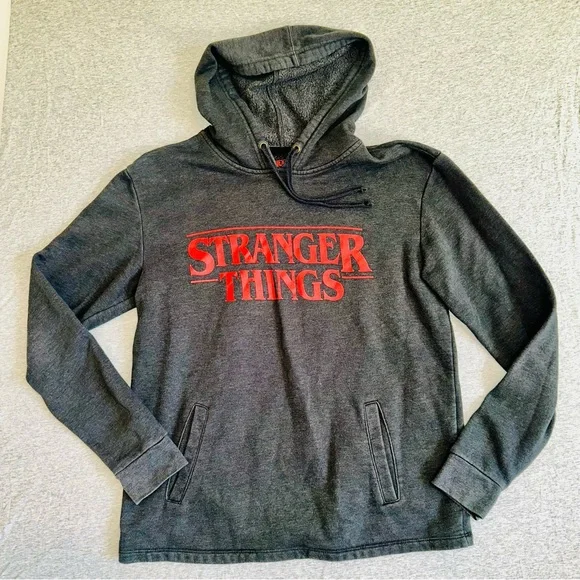 Stranger Things Netflix Hoodie Pullover Grey Red Logo Size M Y2K Merch - Picture 1 of 6